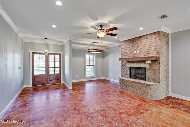 unfurnished living room featuring concrete flooring, french doors, a brick fireplace, and ceiling fan