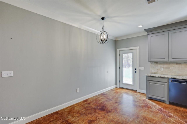 kitchen featuring stainless steel dishwasher, crown molding, a chandelier, decorative light fixtures, and decorative backsplash