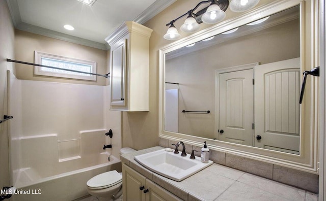 full bathroom with shower / tub combination, toilet, vanity, and ornamental molding