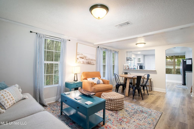 living area featuring baseboards, light wood finished floors, a textured ceiling, and visible vents