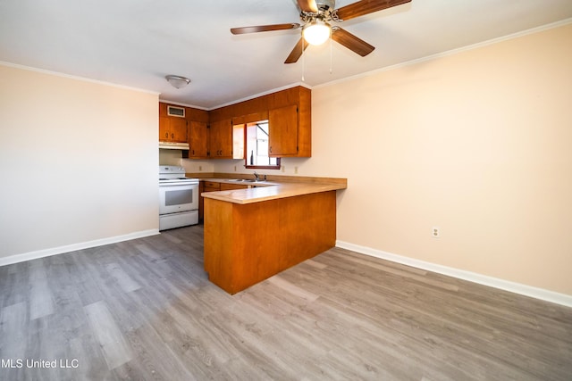 kitchen featuring kitchen peninsula, sink, electric range, ornamental molding, and light hardwood / wood-style floors