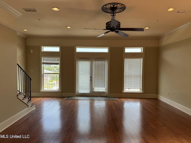 unfurnished room with ceiling fan, ornamental molding, and dark hardwood / wood-style flooring