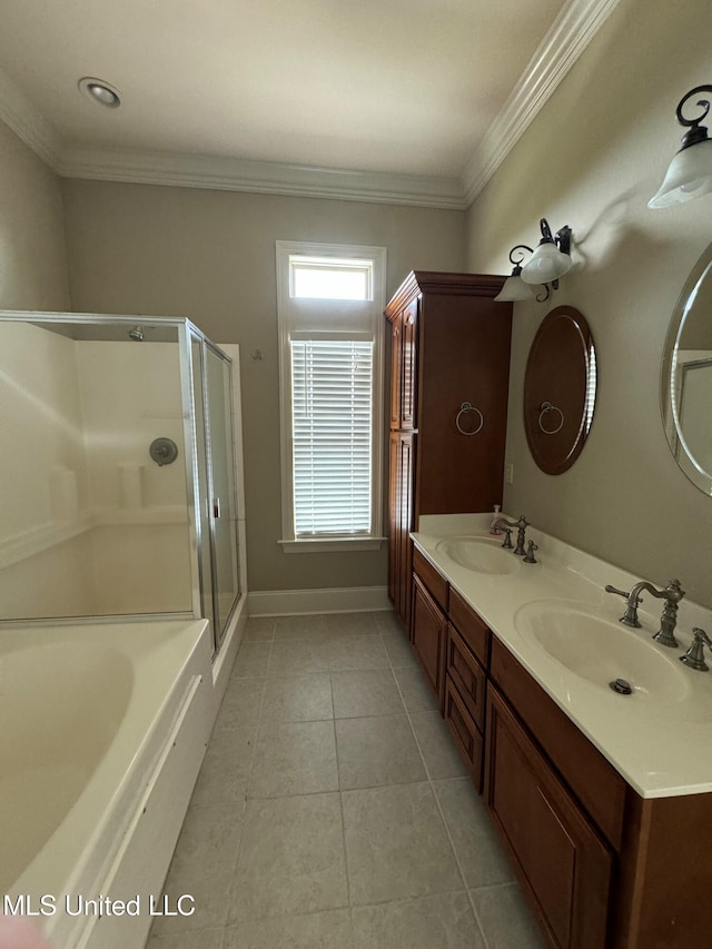 bathroom with vanity, ornamental molding, shower with separate bathtub, and tile patterned flooring