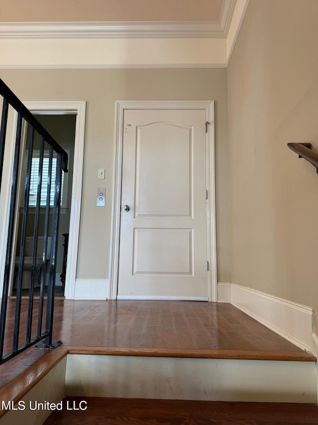 entryway featuring crown molding and hardwood / wood-style floors