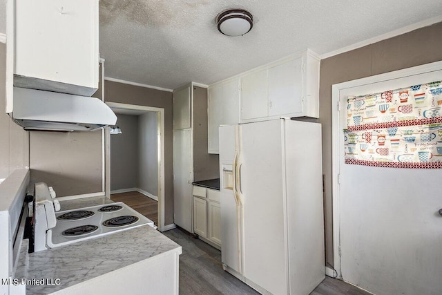 kitchen featuring white appliances, white cabinets, dark wood-type flooring, crown molding, and ventilation hood