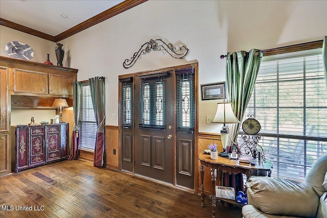 foyer with wood walls, ornamental molding, a wealth of natural light, and dark hardwood / wood-style floors