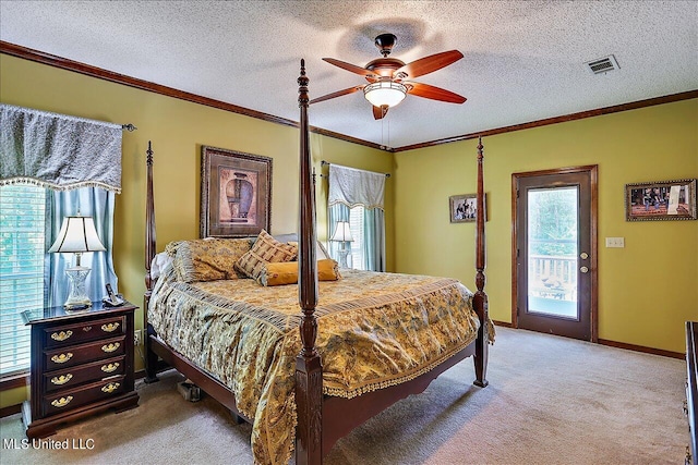 bedroom featuring ceiling fan, access to outside, a textured ceiling, and light colored carpet