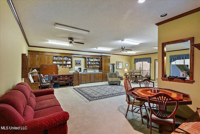 1600 Pine Hill Dr, Raymond, MS 39154 - living area with ceiling fan, crown molding, carpet flooring, and a textured ceiling