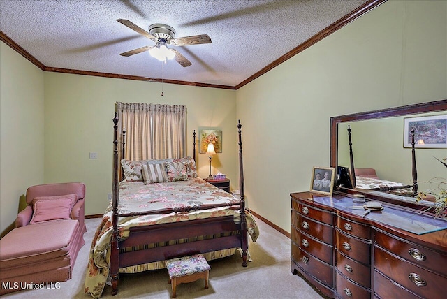 bedroom featuring ceiling fan, light carpet, a textured ceiling, and crown molding