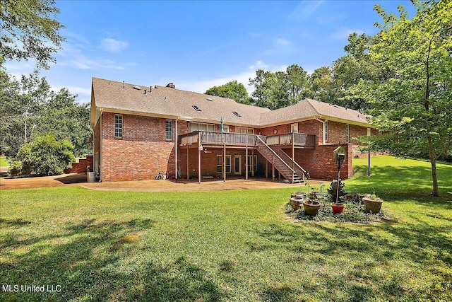 1600 Pine Hill Dr, Raymond, MS 39154 - rear view of house featuring stairs, brick siding, a deck, and a yard