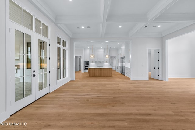 54 Windermere Blvd, Madison, MS 39110 - unfurnished living room featuring french doors, coffered ceiling, beamed ceiling, light wood-style floors, and baseboards