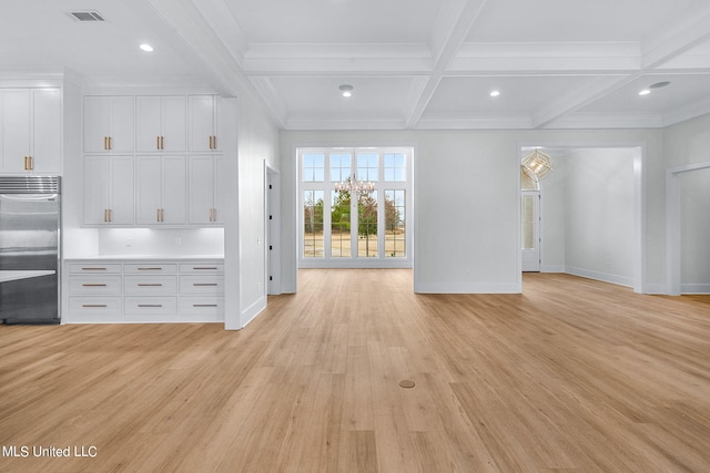 54 Windermere Blvd, Madison, MS 39110 - unfurnished living room featuring baseboards, light wood finished floors, beamed ceiling, coffered ceiling, and crown molding