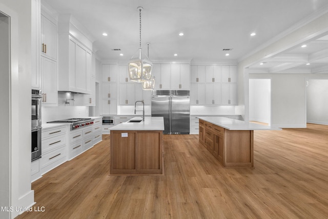 54 Windermere Blvd, Madison, MS 39110 - kitchen with appliances with stainless steel finishes, a center island with sink, a sink, light wood-type flooring, and recessed lighting