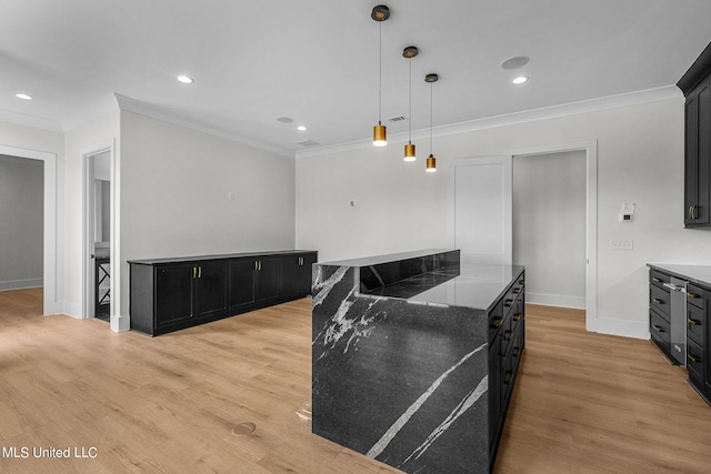 54 Windermere Blvd, Madison, MS 39110 - kitchen featuring dark cabinets, crown molding, baseboards, light wood-type flooring, and a center island