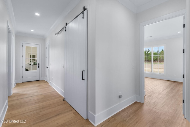 54 Windermere Blvd, Madison, MS 39110 - hall with a barn door, ornamental molding, light wood-style floors, baseboards, and recessed lighting
