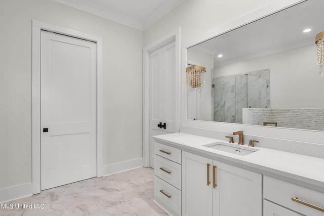 54 Windermere Blvd, Madison, MS 39110 - bathroom with marble look tile flooring, a marble finish shower, vanity, recessed lighting, and baseboards
