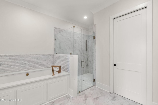 54 Windermere Blvd, Madison, MS 39110 - bathroom with marble look tile flooring, a garden tub, a stall shower, and recessed lighting
