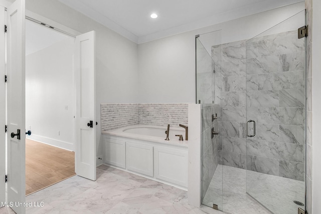 54 Windermere Blvd, Madison, MS 39110 - bathroom featuring a garden tub, a stall shower, marble finish floors, and recessed lighting