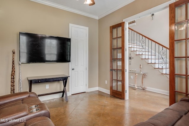 2550 Jones Rd, Terry, MS 39170 - living area featuring french doors, crown molding, stairs, and finished concrete floors