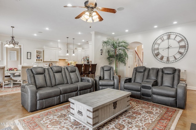 2550 Jones Rd, Terry, MS 39170 - living room featuring ceiling fan, arched walkways, recessed lighting, crown molding, and light tile patterned flooring