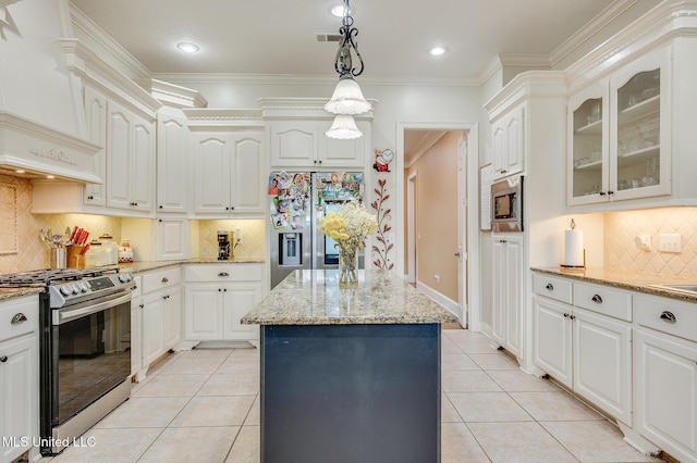 2550 Jones Rd, Terry, MS 39170 - kitchen with stainless steel appliances, custom range hood, glass insert cabinets, backsplash, and light tile patterned flooring