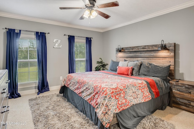 2550 Jones Rd, Terry, MS 39170 - bedroom featuring carpet, ornamental molding, multiple windows, and ceiling fan