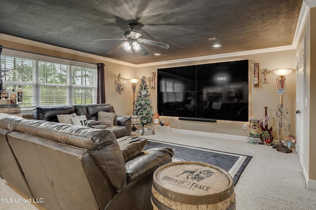 2550 Jones Rd, Terry, MS 39170 - carpeted living area with ceiling fan and ornamental molding