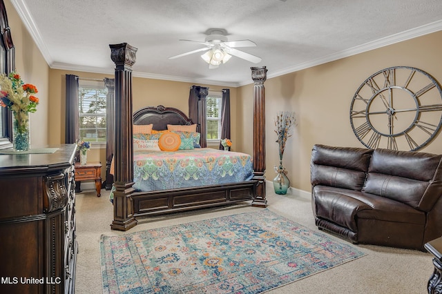 2550 Jones Rd, Terry, MS 39170 - bedroom featuring carpet, multiple windows, ornamental molding, a textured ceiling, and ceiling fan