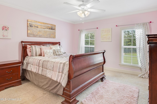 2550 Jones Rd, Terry, MS 39170 - bedroom featuring light colored carpet, ornamental molding, and a ceiling fan