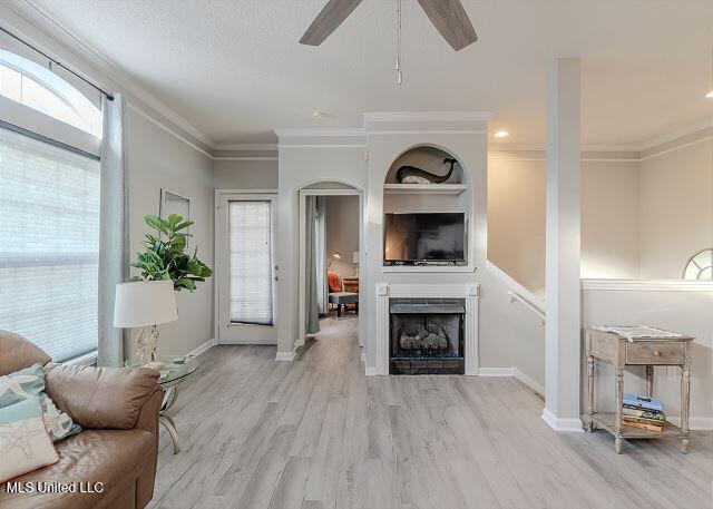 living room featuring ceiling fan, light hardwood / wood-style flooring, and ornamental molding