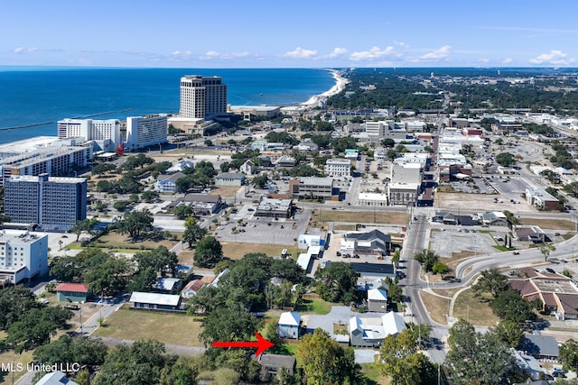 bird's eye view with a water view