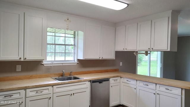 kitchen featuring a sink, butcher block counters, stainless steel dishwasher, and healthy amount of natural light