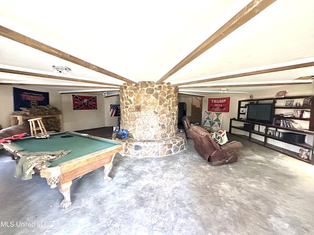 game room featuring billiards, vaulted ceiling with beams, and concrete flooring