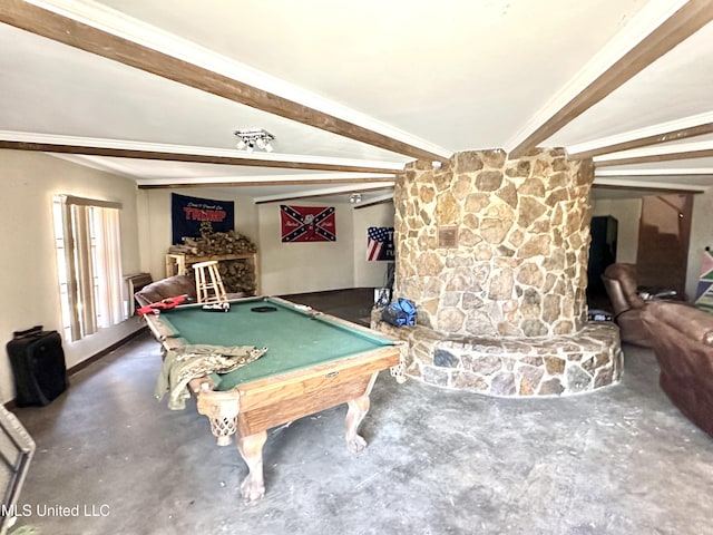 rec room with billiards, beam ceiling, and concrete flooring