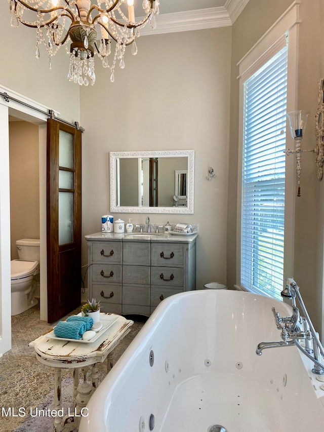 bathroom featuring vanity, toilet, a bathtub, and plenty of natural light