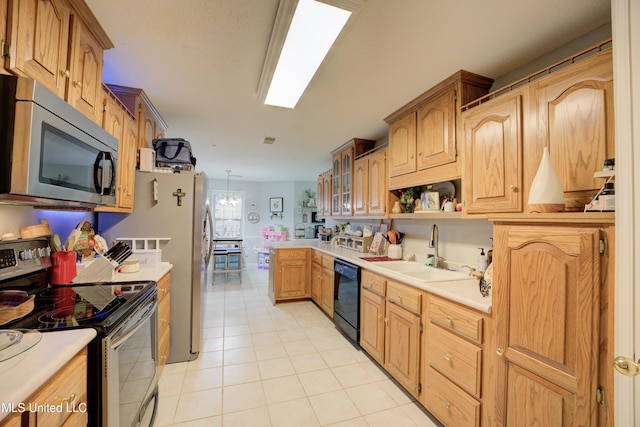 kitchen with stainless steel appliances, light countertops, open shelves, a sink, and light tile patterned flooring