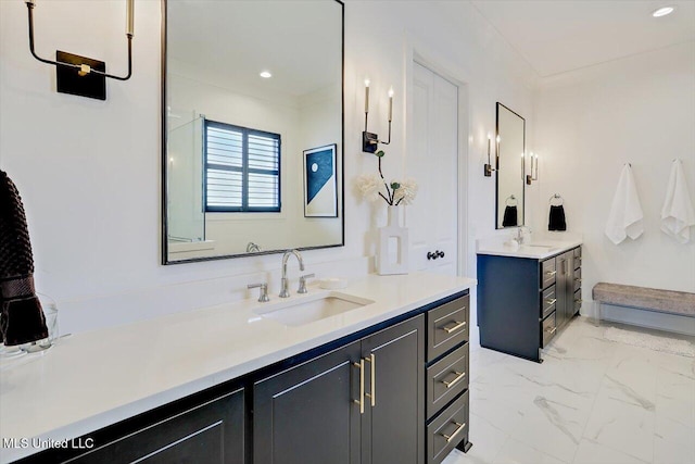 113 Forestview Pl, Madison, MS 39110 - full bath featuring two vanities, marble look tile flooring, and recessed lighting