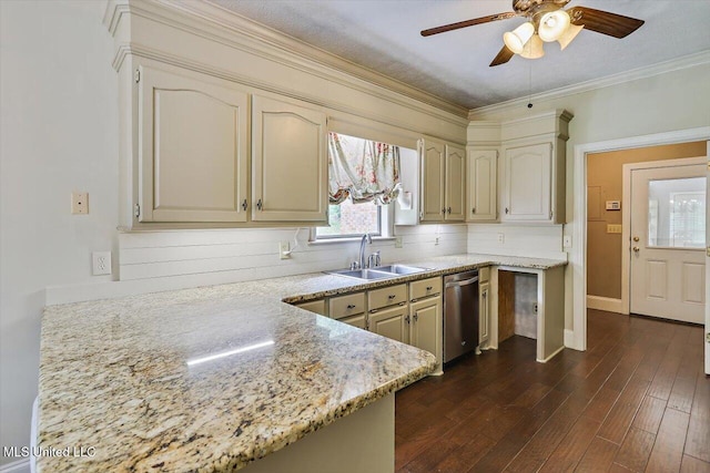 1507 W Flowers Rd, Terry, MS 39170 - kitchen with dishwasher, a sink, ceiling fan, dark wood-type flooring, and ornamental molding