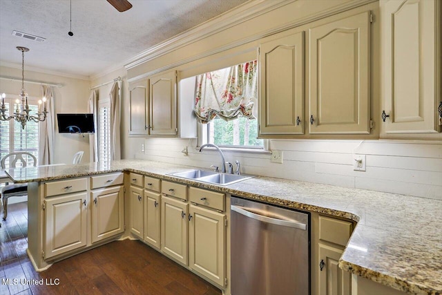 1507 W Flowers Rd, Terry, MS 39170 - kitchen with dishwasher, cream cabinetry, a peninsula, a sink, and a chandelier