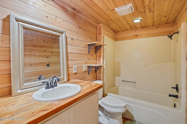 1507 W Flowers Rd, Terry, MS 39170 - bathroom with wood ceiling, toilet, vanity, shower / bath combination, and wood walls
