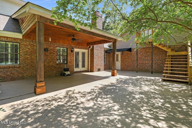 1507 W Flowers Rd, Terry, MS 39170 - view of patio / terrace with a ceiling fan, french doors, and stairway