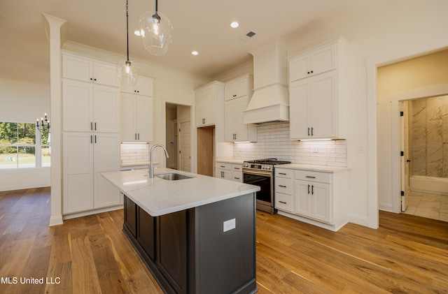 kitchen featuring a kitchen island with sink, sink, light hardwood / wood-style flooring, and stainless steel range with gas stovetop