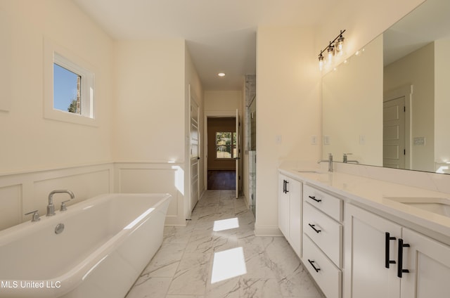 bathroom with vanity and separate shower and tub