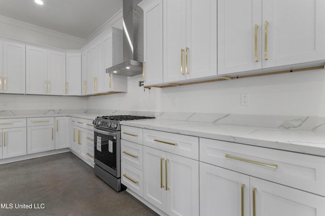 217 White Harbor Rd, Long Beach, MS 39560 - kitchen with wall chimney range hood, gas range, white cabinets, concrete floors, and ornamental molding