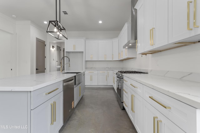 217 White Harbor Rd, Long Beach, MS 39560 - kitchen featuring wall chimney range hood, finished concrete floors, a sink, white cabinets, and stainless steel appliances