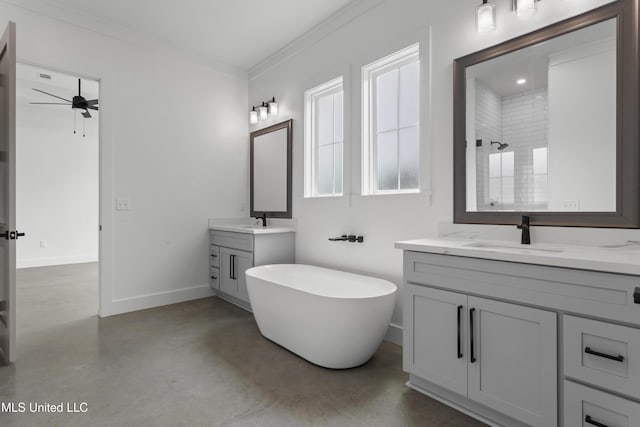 217 White Harbor Rd, Long Beach, MS 39560 - full bath with a ceiling fan, ornamental molding, two vanities, finished concrete floors, and a sink