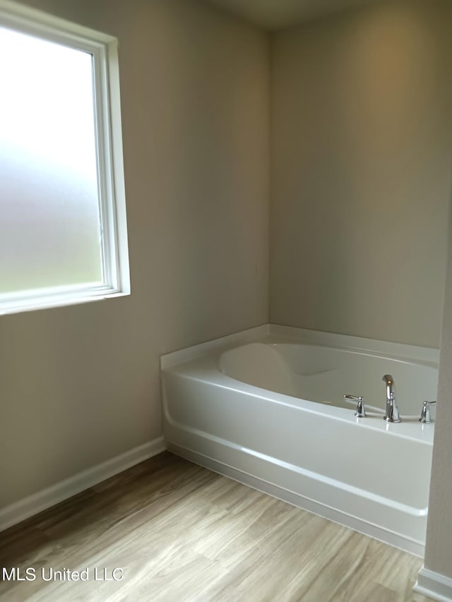 bathroom with hardwood / wood-style flooring and a washtub