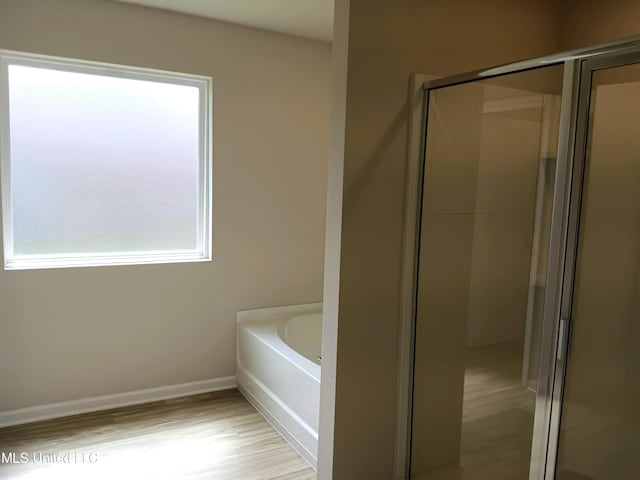 bathroom with separate shower and tub and wood-type flooring