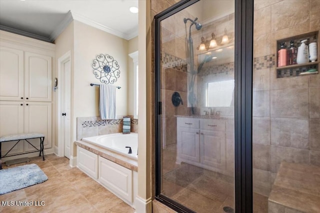 bathroom with tile patterned flooring, crown molding, a bath, and a stall shower