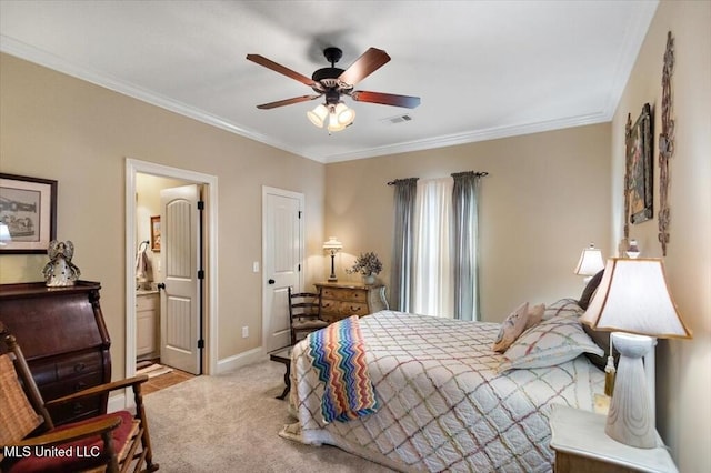 bedroom featuring baseboards, visible vents, ensuite bath, ornamental molding, and carpet flooring